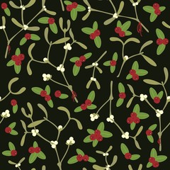 cranberry leaves and mistletoe branches with berries messy holiday seamless pattern on dark background