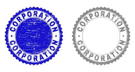 Grunge CORPORATION stamp seals isolated on a white background. Rosette seals with distress texture in blue and grey colors. Vector rubber stamp imprint of CORPORATION tag inside round rosette.