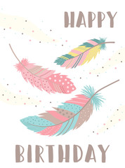 Fototapeta na wymiar Vector image of bright feathers in boho style with beads. Inscription Happy Birthday. Hand-drawn illustration by national American motifs for baby, cards, flyers, posters, prints, holiday, child