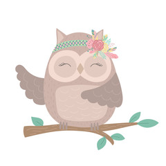Ð¡ollection of hand-drawn boho funny owl on the tree with flowers and feathers. Vector by national american motifs for baby shower, cards, flyers, posters, prints, holiday, clothes, children