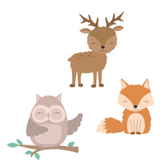 Ð¡ollection of hand-drawn cute forest animals. Illustration of a fox, owl, deer. Vector for baby shower, cards, flyers, posters, prints, holiday, clothes, textile, decor, toys, banner, nursery