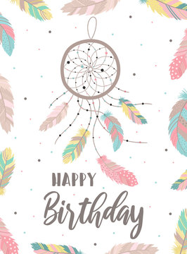 Vector image of a dreamcatcher in boho style with frame of feathers and words Happy Birthday. Hand-drawn illustration by national American motifs for baby, cards, flyers, posters, prints, holiday