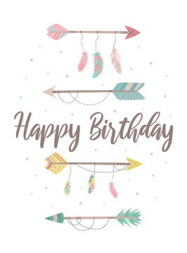 Vector image of an isolated arrows in boho style with feathers and beads.  Hand-drawn illustration by national American motifs for baby, cards, flyers, posters, prints, holiday, children, birthday