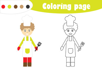 Cook in cartoon style, coloring page, education paper game for the development of children, kids preschool activity, printable worksheet, vector illustration