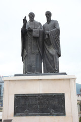 SKOPJE, MACEDONIA - MAY 16: Monument St. Kliment and Naum of Ohrid  in downtown of Skopje,...