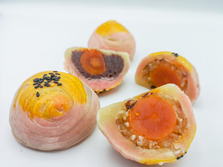 Close up Spring Roll pastry with nuts, salted eggs on isolate white background.