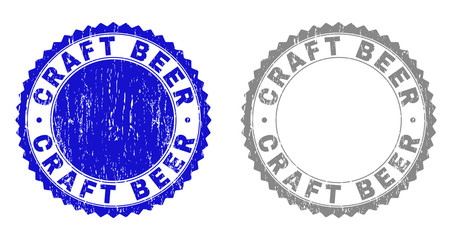 Grunge CRAFT BEER stamp seals isolated on a white background. Rosette seals with distress texture in blue and gray colors. Vector rubber stamp imitation of CRAFT BEER caption inside round rosette.
