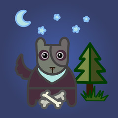 Hand drawn picture of a cute little wolf sitting and howling at the moon, cartoon vector illustration