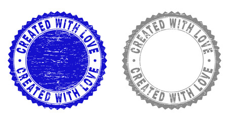 Grunge CREATED WITH LOVE stamp seals isolated on a white background. Rosette seals with grunge texture in blue and grey colors. Vector rubber overlay of CREATED WITH LOVE tag inside round rosette.