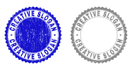 Grunge CREATIVE SLOGAN stamp seals isolated on a white background. Rosette seals with grunge texture in blue and gray colors. Vector rubber overlay of CREATIVE SLOGAN label inside round rosette.