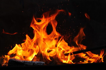 Fire flame on background. Camp fire at night. 