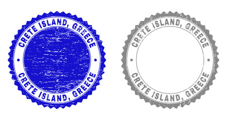 Grunge CRETE ISLAND, GREECE stamp seals isolated on a white background. Rosette seals with grunge texture in blue and grey colors. Vector rubber stamp imprint of CRETE ISLAND,
