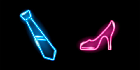 Neon glowing icons of pink highheel shoe and blue tie isolated on black background. Man and woman symbols. Signboards for restrooms. Dresscode concept. Vector 10 EPS illustration