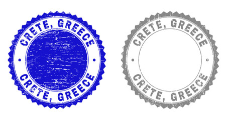 Grunge CRETE, GREECE stamp seals isolated on a white background. Rosette seals with grunge texture in blue and gray colors. Vector rubber stamp imitation of CRETE, GREECE tag inside round rosette.