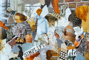 Collage mood board in natural colors made of waste recycle paper results in modern art background