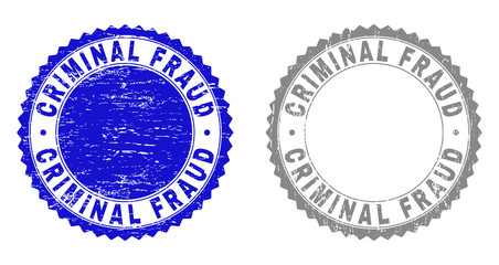 Grunge CRIMINAL FRAUD stamp seals isolated on a white background. Rosette seals with grunge texture in blue and grey colors. Vector rubber stamp imitation of CRIMINAL FRAUD text inside round rosette.