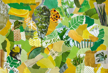 Collage mood board in organic green yellow colors with plants and flowers in retro style made of teared recycling old paper results in modern art