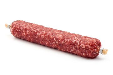 Dried sausage, close-up, isolated on white background.