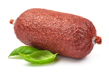 Traditional Smoked Sausage with basil, close-up, isolated on a white background