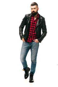 handsome bearded man in black leather jacket isolated on white