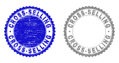 Grunge CROSS-SELLING stamp seals isolated on a white background. Rosette seals with grunge texture in blue and grey colors. Vector rubber watermark of CROSS-SELLING tag inside round rosette.