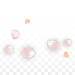 Vector Realistic Petals and Hearts Confetti. Flying Sakura and Hearts on Transparent Background. Wedding Invitation Background. Spring Romance Poster. Vector Illustration for Anniversary Design.