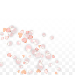 Vector Realistic Petals and Hearts Confetti. Flying Sakura and Hearts on Transparent Background. Wedding Invitation Background. Spring Romance Poster. Vector Illustration for Anniversary Design.