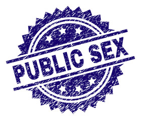 PUBLIC SEX stamp seal watermark with distress style. Blue vector rubber print of PUBLIC SEX text with grunge texture.