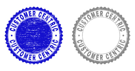 Grunge CUSTOMER CENTRIC stamp seals isolated on a white background. Rosette seals with distress texture in blue and grey colors.