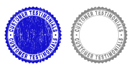 Grunge CUSTOMER TESTIMONIALS stamp seals isolated on a white background. Rosette seals with grunge texture in blue and grey colors.