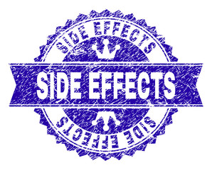 SIDE EFFECTS rosette stamp watermark with grunge style. Designed with round rosette, ribbon and small crowns. Blue vector rubber watermark of SIDE EFFECTS title with grunge style.