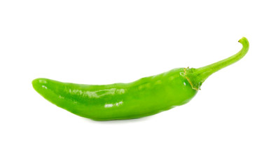 Closeup side view of one green chili pepper  on white background, raw food ingredient concept. Clipping path - Image.