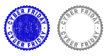 Grunge CYBER FRIDAY stamp seals isolated on a white background. Rosette seals with grunge texture in blue and grey colors. Vector rubber stamp imitation of CYBER FRIDAY text inside round rosette.