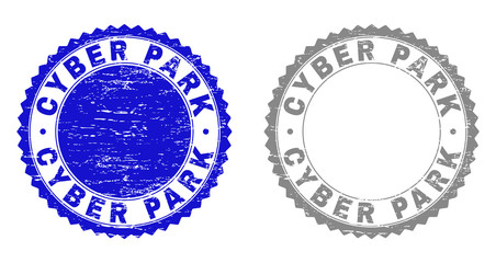 Grunge CYBER PARK stamp seals isolated on a white background. Rosette seals with grunge texture in blue and gray colors. Vector rubber stamp imitation of CYBER PARK title inside round rosette.