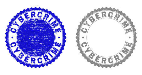 Grunge CYBERCRIME stamp seals isolated on a white background. Rosette seals with grunge texture in blue and gray colors. Vector rubber stamp imitation of CYBERCRIME text inside round rosette.