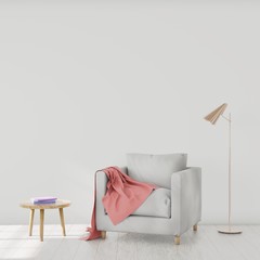 Minimalistic modern interior with an armchair, mockup for your design. You can use this mockup to display your artwork on the wall or wallpaper. 3D render.