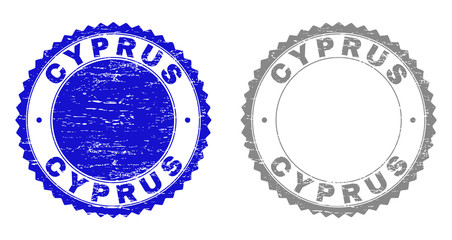 Grunge CYPRUS stamp seals isolated on a white background. Rosette seals with grunge texture in blue and gray colors. Vector rubber stamp imprint of CYPRUS caption inside round rosette.