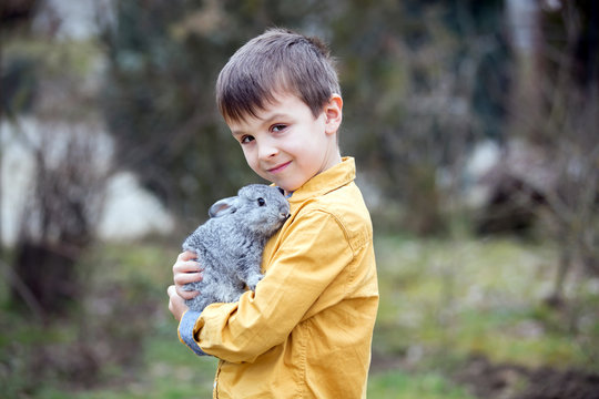 Cute little preschool boy, playing with pet rabbits in garden