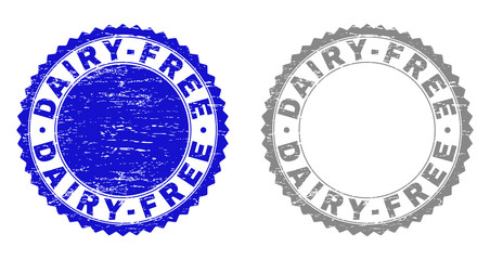 Grunge DAIRY-FREE stamp seals isolated on a white background. Rosette seals with grunge texture in blue and grey colors. Vector rubber stamp imprint of DAIRY-FREE label inside round rosette.