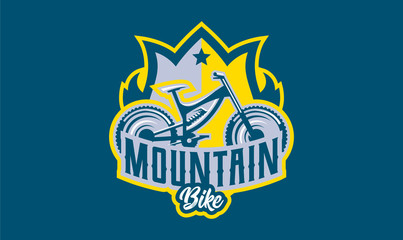 The emblem of the mountain bike. Sport bike logo. Sport bicycle, downhill, mtb, bmx, race, extreme. Vector illustration