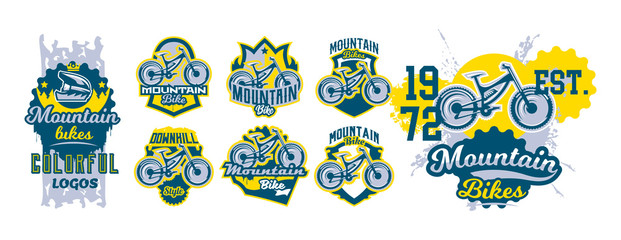 Mountain bike emblem set. Sport bike logo. Sport bicycle, downhill, mtb, bmx, race, extreme. Colorful collection, vector illustration