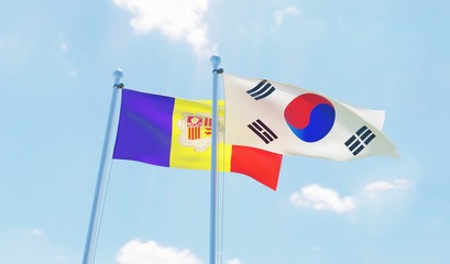 South Korea and Andorra, two flags waving against blue sky. 3d image