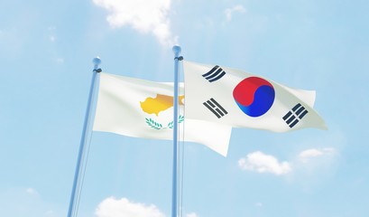 South Korea and Cyprus, two flags waving against blue sky. 3d image