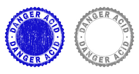 Obraz premium Grunge DANGER ACID stamp seals isolated on a white background. Rosette seals with distress texture in blue and gray colors. Vector rubber stamp imprint of DANGER ACID label inside round rosette.