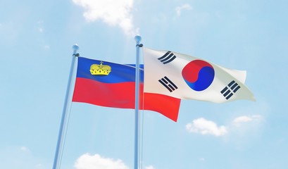 South Korea and Liechtenstein, two flags waving against blue sky. 3d image