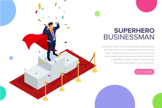 Superhero businessman or manager concept with characters. Can use for web banner, infographics, hero images. Flat isometric vector illustration isolated on white background.