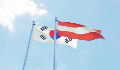 South Korea and Austria, two flags waving against blue sky. 3d image