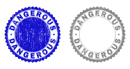 Grunge DANGEROUS stamp seals isolated on a white background. Rosette seals with grunge texture in blue and gray colors. Vector rubber overlay of DANGEROUS label inside round rosette.