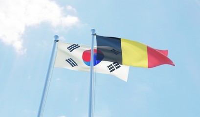South Korea and Belgium, two flags waving against blue sky. 3d image