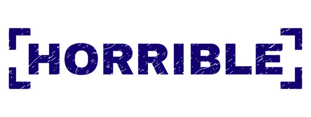 HORRIBLE text seal print with corroded texture. Text caption is placed between corners. Blue vector rubber print of HORRIBLE with retro texture.